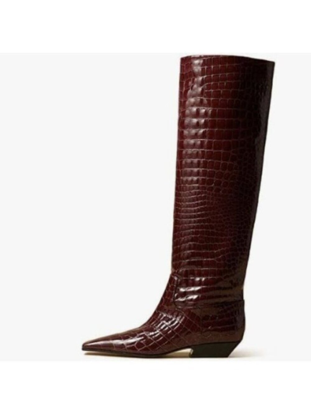 miss left Women Closed Square Toe Knee High Boot Wide Calf Low Chunky Heels Red